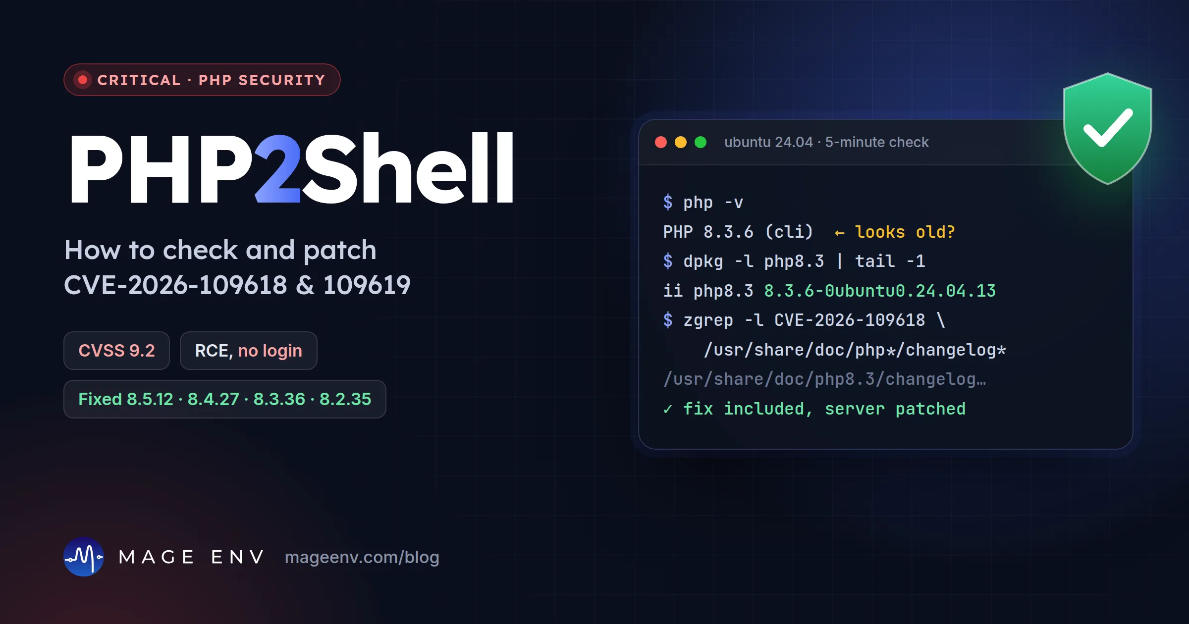 PHP2Shell: how to check and patch CVE-2026-109618 and 109619. A terminal shows php -v reporting 8.3.6 while the Ubuntu package already contains the fix.