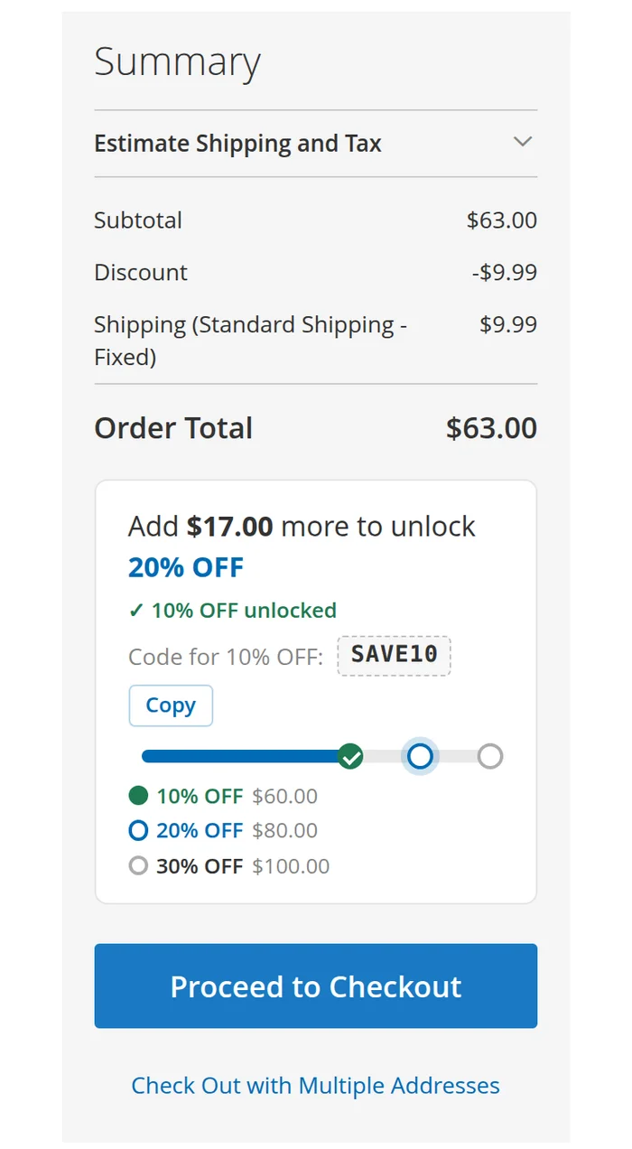 Luma Order Summary with the reward bar below the Order Total and above Proceed to Checkout: Add $17.00 more to unlock 20% OFF, code SAVE10 with a Copy button