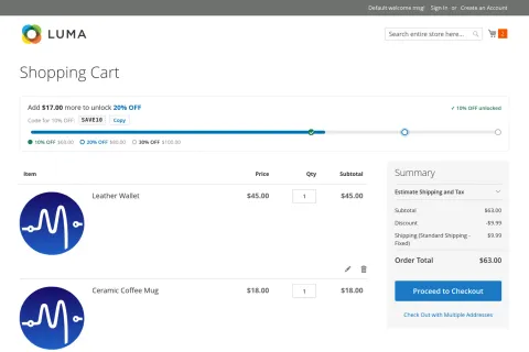 Luma cart: one line, the bar and the reward tiers, with the earned code