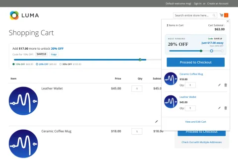 Luma Mini Cart: the reward card with the earned code