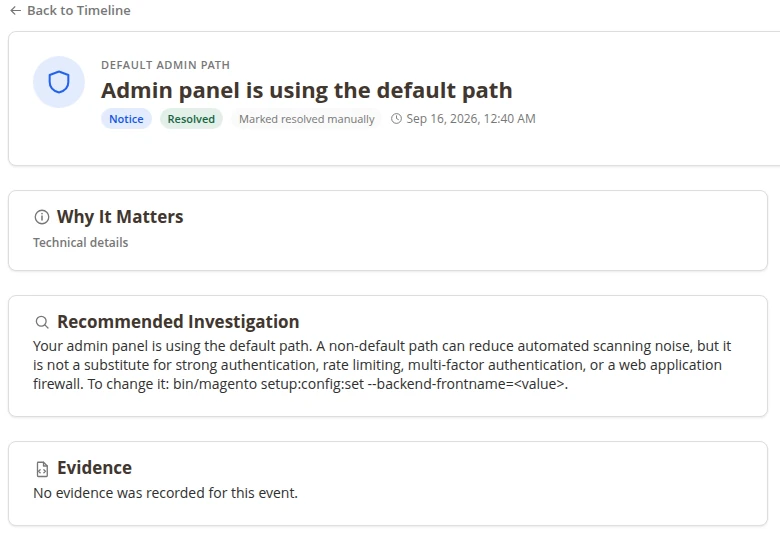 Event Details for 'Admin panel is using the default path' with a recommended investigation, details panel and history of earlier occurrences