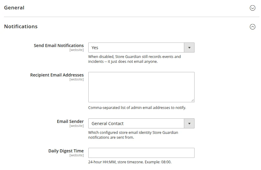 Notifications settings: send email notifications, recipient email addresses, email sender and daily digest time