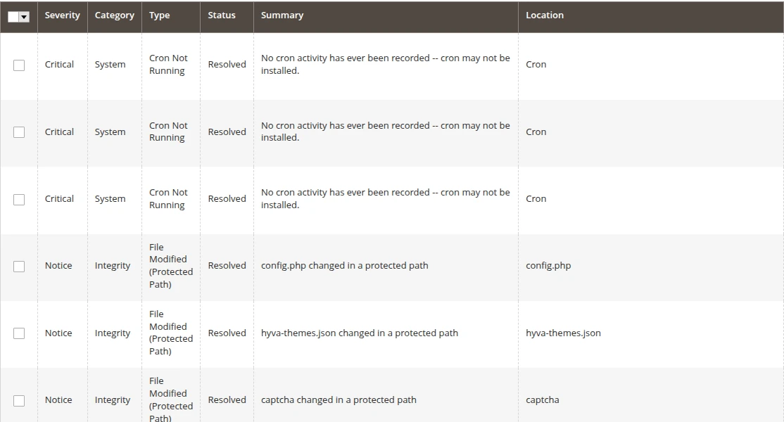 Store Guardian Timeline listing cron and protected-file findings with severity, category, type, status, summary, location and dates