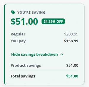 Savings card with the breakdown open, listing product savings $51.00 and total savings $51.00