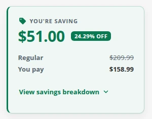 Close-up of the savings card: You're saving $51.00, 24.29% off, Regular $209.99, You pay $158.99