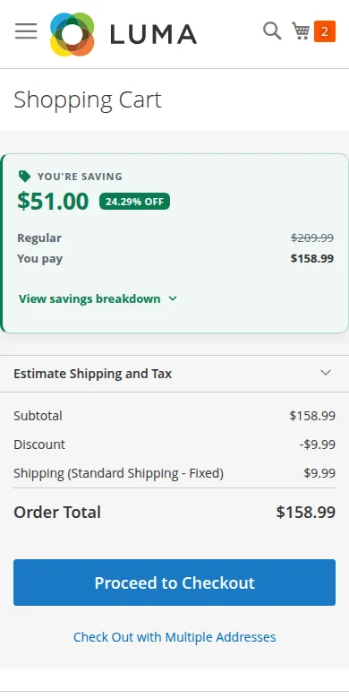Luma mobile cart with the savings card shown above the order totals